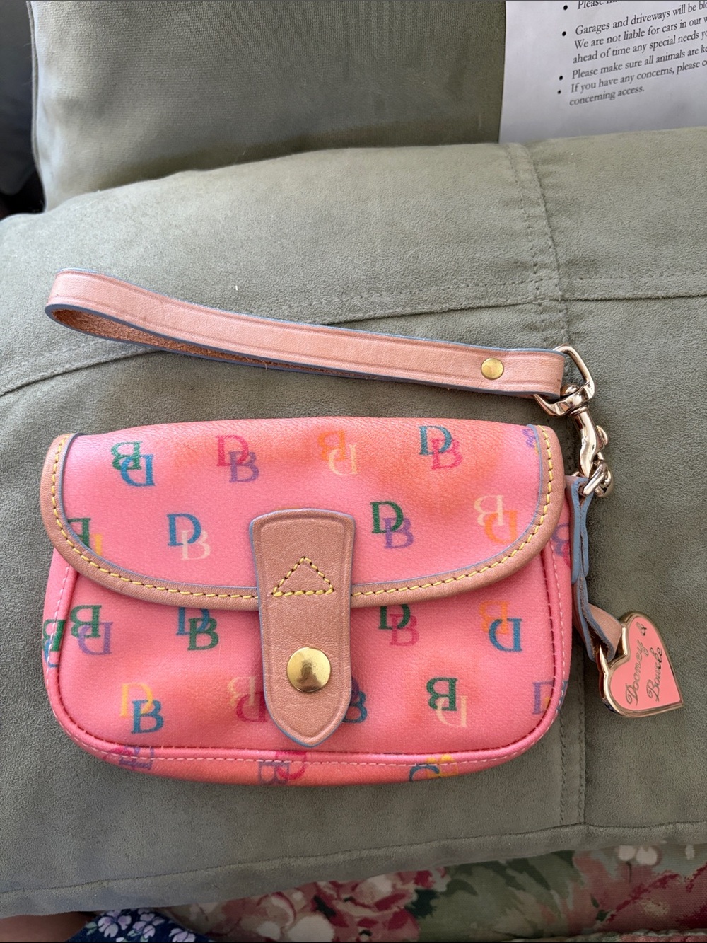 Stained Dooney & Bourke Pink Multicolor Logo Wristlet with Tan Trim